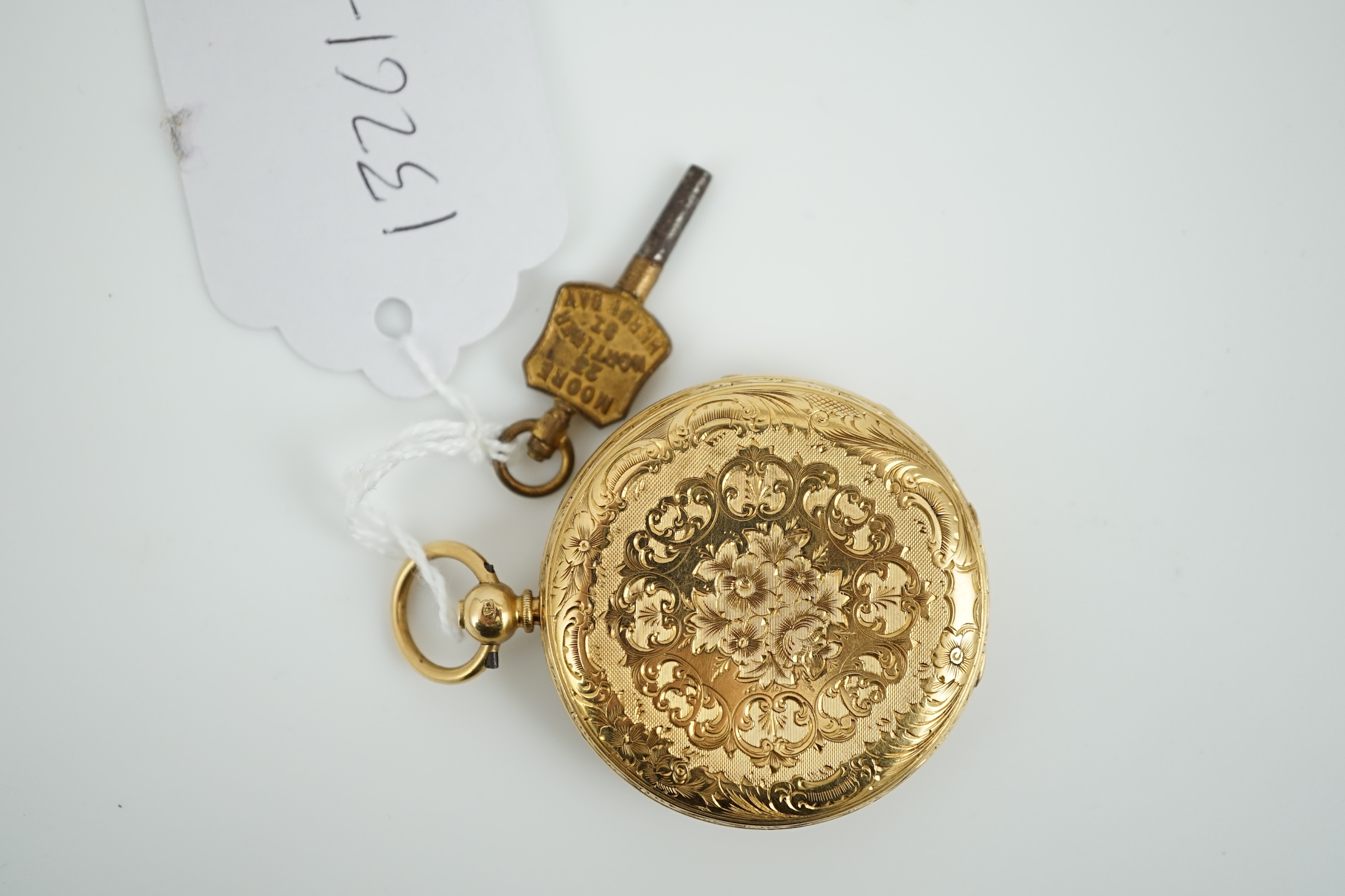 A Victorian 18ct gold open face keywind pocket watch, by George Woolley, Bristol, with Roman dial